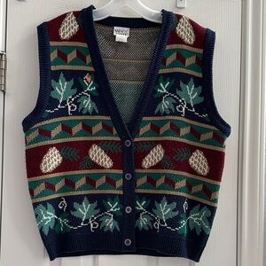 Vintage Navy V-Neck Sweater Vest Pinecone Pattern Grandpacore Grannycore Medium